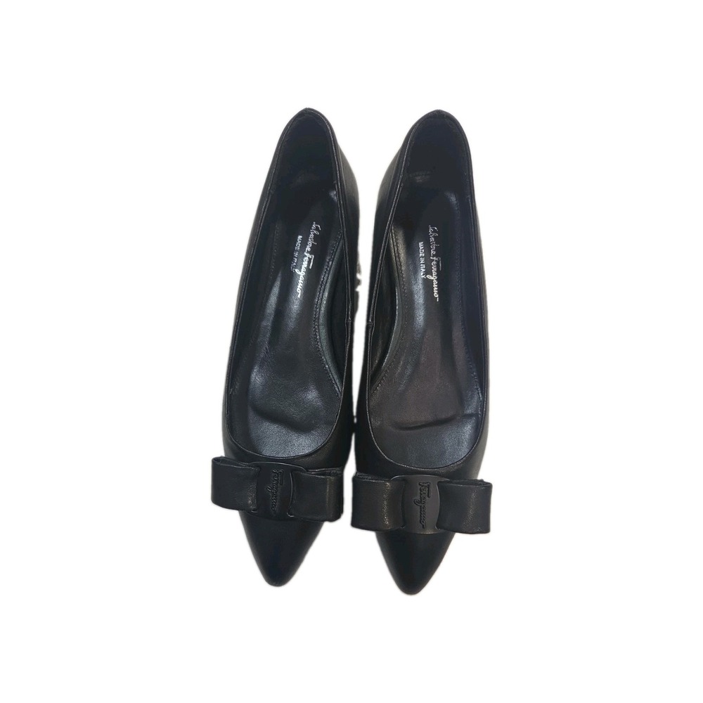 Salvatore Ferragamo Viva Bow Size 38 Black Leather Ballet Flats Pre-owned